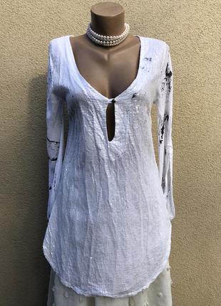 Біла штапельная,блуза,сорочка,туніка,паєтки,етно стиль бохо,пляжна,