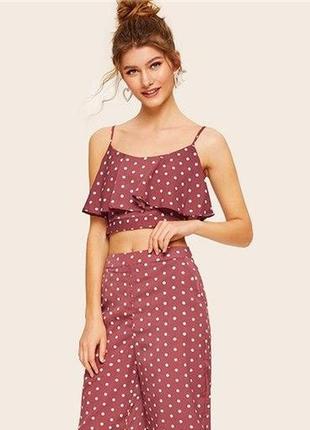 Топ shein polka dot flounce trim, crop cami top pink