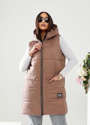 Жилет удлиненный весна батал на молнии с двойным бегунком с капюшоном накладные карманы нашивка ткань плащевка синтепон 150 подклад