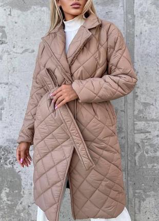 Стеганное пальто с поясом матовая плащевка эмми на силиконе 150 + подкладка2 фото