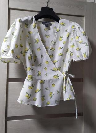 Лина блуза на запах лен хлопок в лимоны с воланами1 фото