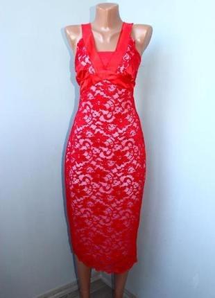 Стильное гипюровое красное ажурное стрейчевое платье миди s4 фото