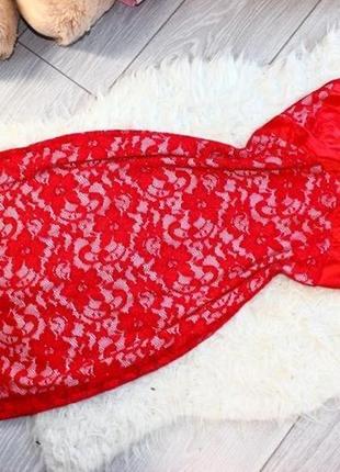 Стильное гипюровое красное ажурное стрейчевое платье миди s3 фото