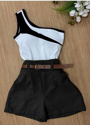 Женский стильный качественный летний костюм (черные шорты + бело-черный топ) 2024