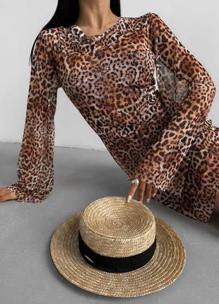 Пляжная туника накидка платье мини принт леопард сеточка с рукавом7 фото