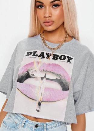 Сірий кроп топ missguided playboy/ футболка топ playboy/принт playboy/