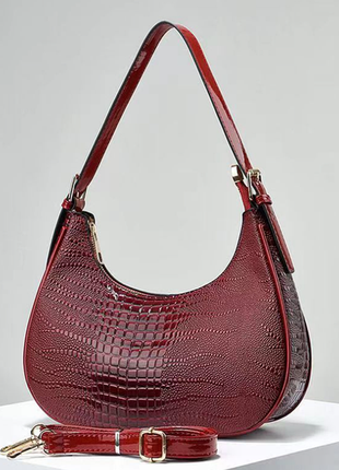 Жіноча лакова сумка слінг, бананка сумка для дівчини, міні сумка багет під рептилію женская сумка крокодил (1509)1 фото