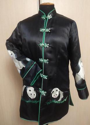 Утепленный жакет куртка. китайский стиль. вышивка панда. шелк