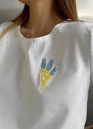 Шикарная качественная женская молодежная футболка хлопок украинская символика цвет флага пшеница 🇺🇦6 фото