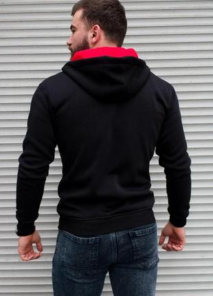 Мужская теплая черная кофта спортивная на флисе с красными вставками и начесом на змейке5 фото