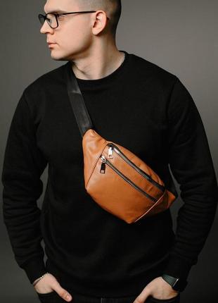 Чоловіча сумка-бананка на пояс з натуральної шкіри hish світло-коричнева6 фото