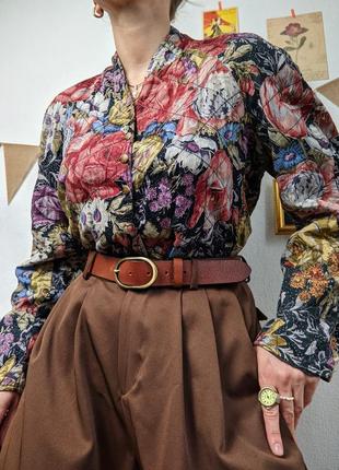 Жакет в цаеточек винтажный блузка цветы вискоза прямой крой стёганая на пуговицах м4 фото