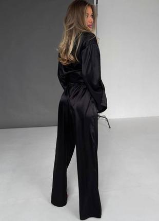Атласная шелковая черная пижама черная пижама рубашка и атласные брюки1 фото