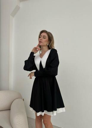 Класична сукня з коміром і подвійною спідницею вільного крою якісна стильна чорна2 фото