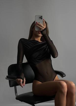 Боди черное однотонное на длинный рукав с сеткой качественное стильное трендовое