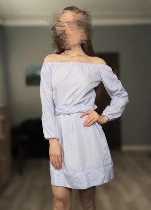 Платье плаття сукня сарафан на плечо белое біле голубое голубе полосатое романтичне бант полоску смужку на плечи2 фото