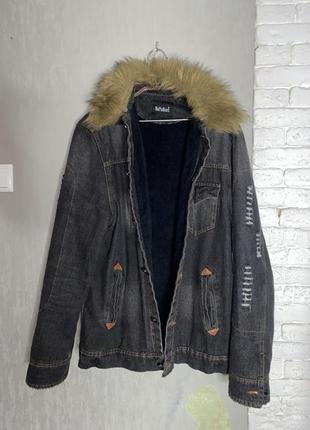 Джинсова куртка рванка джинсівка на хутряній підкладці шерпа3 фото