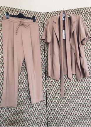 Костюм брючний шовковий нюдовий віскоза котон нарядний літній піжамний стиль жакет оверсайз