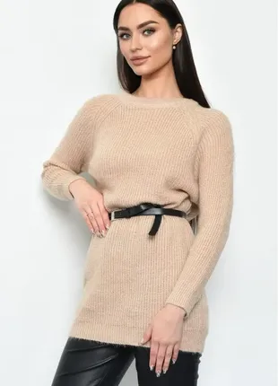 Стильная вязаная туника с поясом / удлиненный свитер