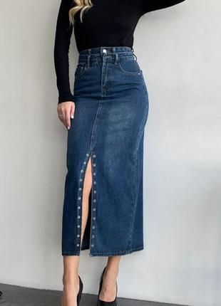 Платье миди джинсовое на высокой посадке с разрезом по ноге с карманами качественная стильная трендовая голубая черная