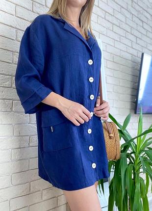 Синие льняное платье 4