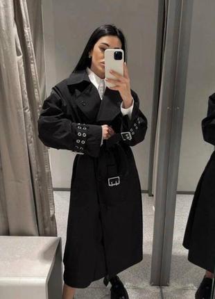 Тренч свободного кроя, женское черное пальто зара, плащ на пояс оверсайз