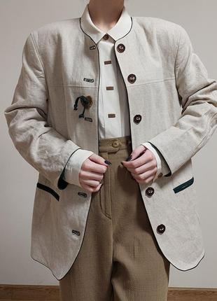 Винтажный австрийский льняной пиджак жакет удлиненный с сердечком