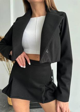 Костюм юбка-шорты + поджак,плотный твид турция,черный, гусиная лапка1 фото