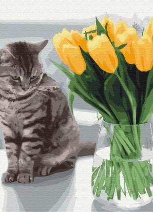 Картина за номерами "котик із тюльпанами" brushme bs52638 40х50 см