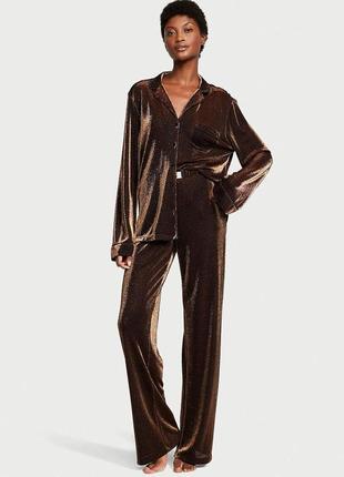 Жіноча піжама (штани+сорочка) victoria's secret shimmer knit long xs коричнева