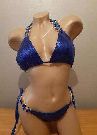 Ефектний ексклюзивний роздільний купальник електрик з камінням, стразами, паєтками3 фото