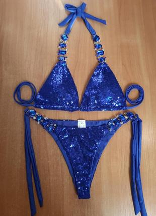Ефектний ексклюзивний роздільний купальник електрик з камінням, стразами, паєтками7 фото