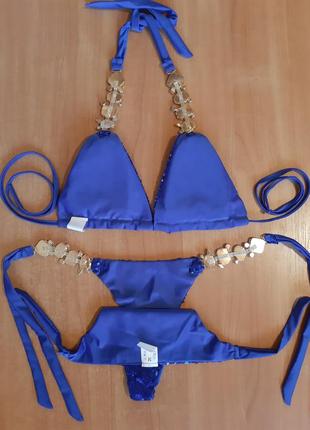 Ефектний ексклюзивний роздільний купальник електрик з камінням, стразами, паєтками8 фото