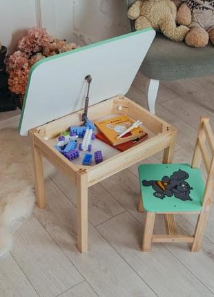 Детский стол и стул зеленый. для учебы,рисования,игры. стол с ящиком и стульчик.9 фото