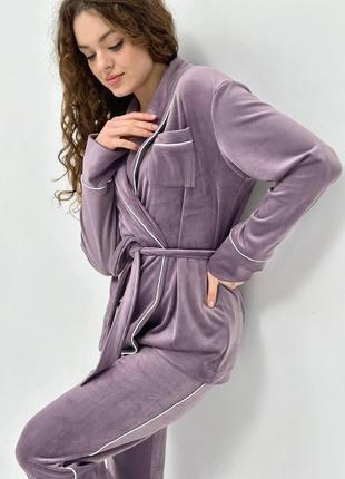 Костюм велюровый (кардиган+брюки) для дома, пижама велюровая, размер 3xl, сиреневый8 фото