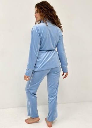 Костюм велюровый (кардиган+брюки) для дома, пижама велюровая, размер 4xl-5xl, голубой3 фото
