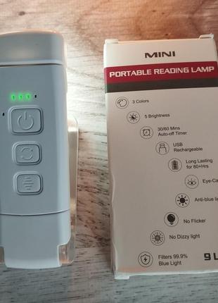 Акумуляторна led лампа прищепка для читання, ліхтарик для книжки зарядка від usb