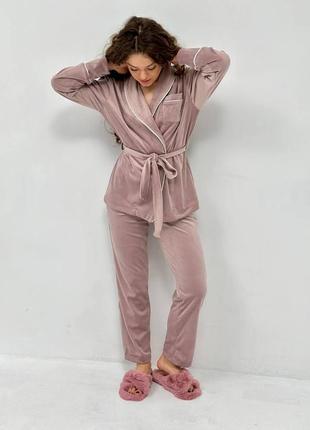 Костюм велюровый (кардиган+брюки) для дома, пижама велюровая, размер 4xl-5xl, мокко3 фото