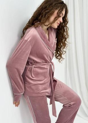 Костюм велюровый (кардиган+брюки) для дома, пижама велюровая, размер 4xl-5xl, пудровый3 фото