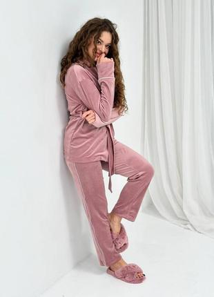 Костюм велюровый (кардиган+брюки) для дома, пижама велюровая, размер 4xl-5xl, пудровый8 фото