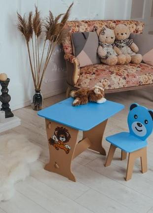 Детский стол синий! супер подарок! столик парта, рисунок зайчик и стульчик детский медвежонок2 фото