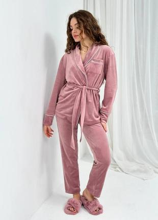 Костюм велюровый (кардиган+брюки) для дома, пижама велюровая, размер 3xl, пудровый2 фото
