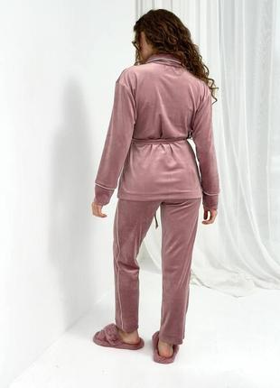 Костюм велюровый (кардиган+брюки) для дома, пижама велюровая, размер 3xl, пудровый5 фото
