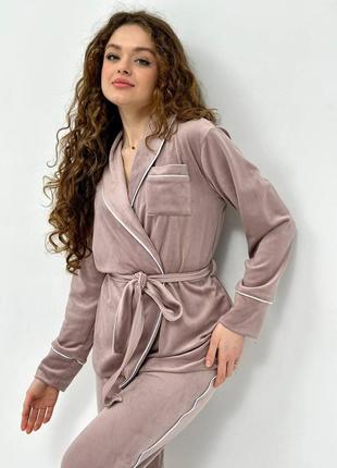 Костюм велюровый (кардиган+брюки) для дома, пижама велюровая, размер 3xl, мокко6 фото