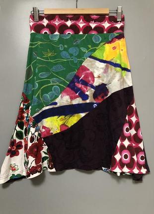 Desigual юбка бохо пэчворк цветной принт трикотажная короткая миди5 фото