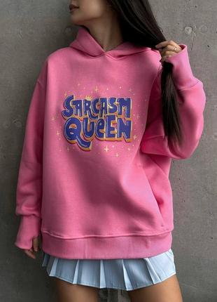 Худи толстовка с капюшоном с надписью sarcasm queen королева сарказма розовая молочная серая с вырезами для пальца подростковая кофта оверсайз