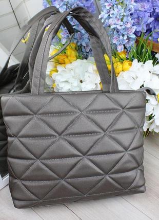 Шикарна велика жіноча сумка-шопер тканинна стьобана сіра графітова