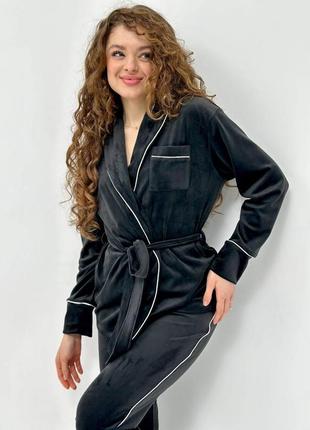 Костюм велюровый (кардиган+брюки) для дома, пижама велюровая, размер s-m, черный4 фото
