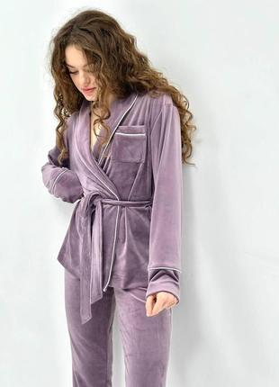 Костюм велюровый (кардиган+брюки) для дома, пижама велюровая, размер m-l, сиреневый5 фото