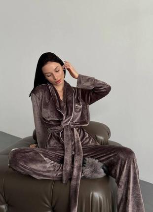 Домашний комплект. пижама: укороченный халат на запах и штаны клеш🤍1 фото